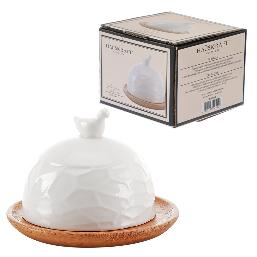 Queijeira Porta Queijo Prato Bambu Mantegueira Porcelana 10cm