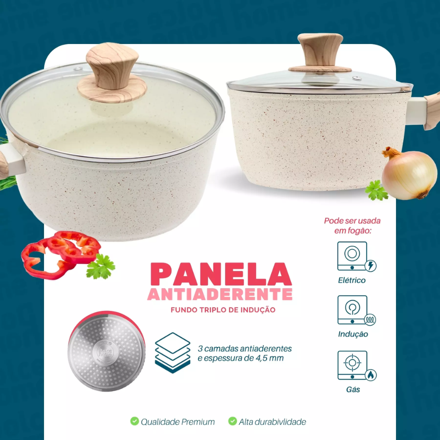 Panela Creme Antiaderente Indução Com Tampa De Vidro 18cm