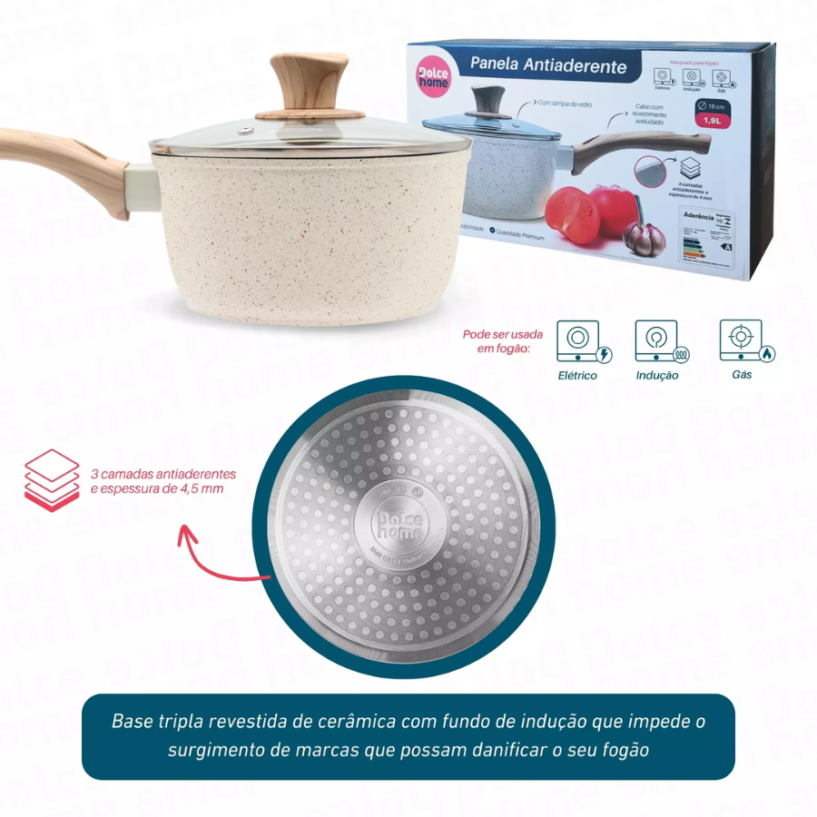 Panela Creme Antiaderente Indução Com Tampa De Vidro 18cm
