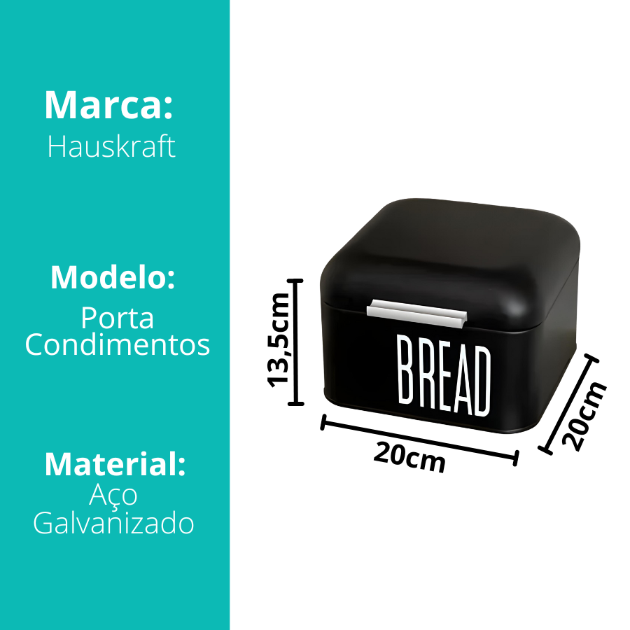 Porta Pão Bolo Em Lata Metal Com Tampa Preto Bread 20x20x13,5cm