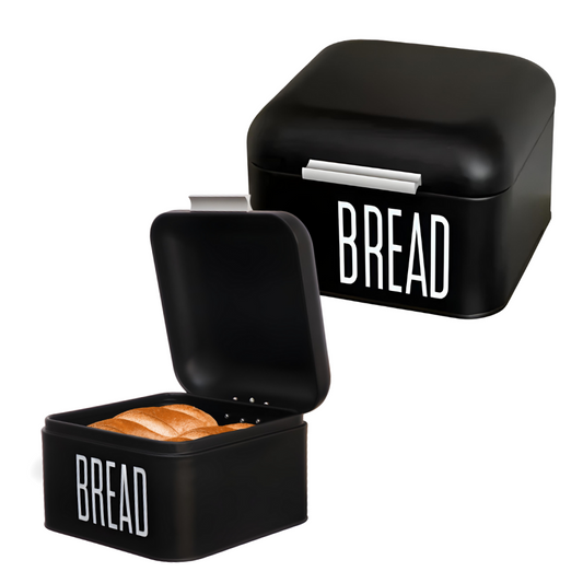 Porta Pão Bolo Em Lata Metal Com Tampa Preto Bread 20x20x13,5cm