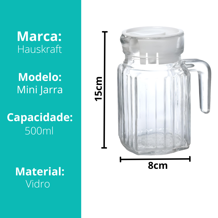 Mini Jarra Vidro Transparente Agua Suco Clássica Alça 500ml