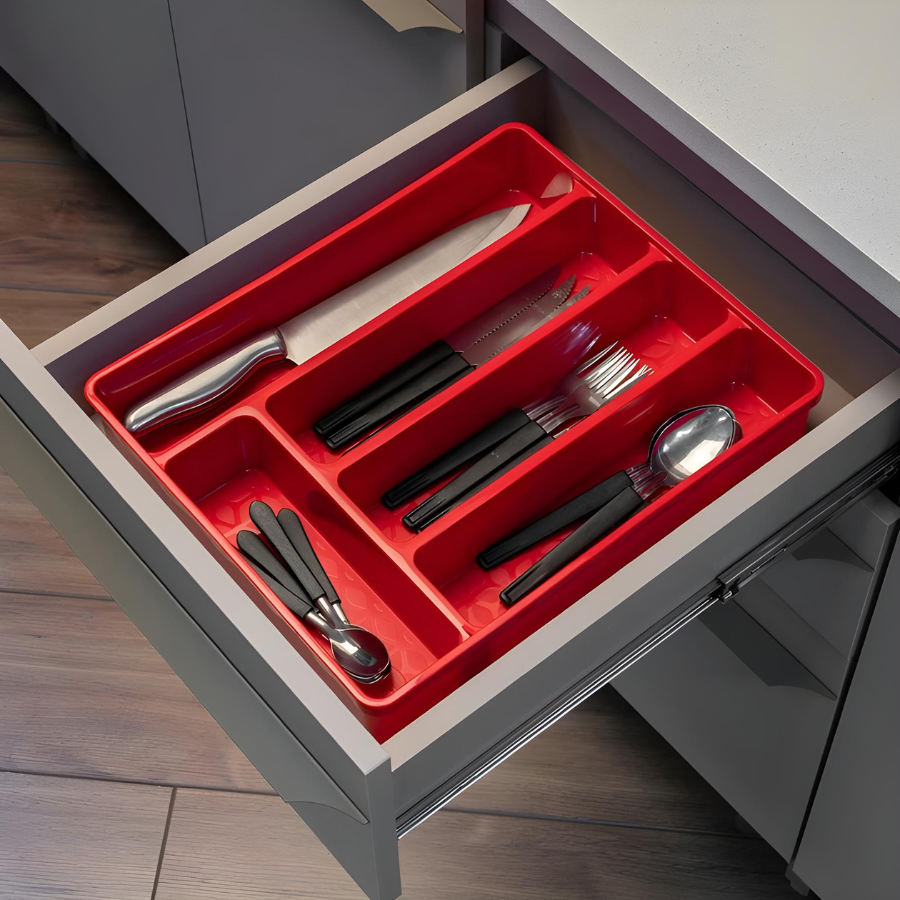 Porta Talher Organizador Gaveta Com Tampa Plástico Resistente 5 Divisórias Vermelho