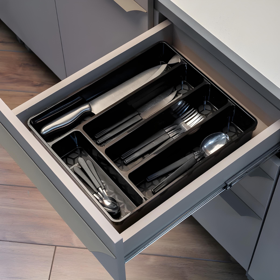 Porta Talher Organizador Gaveta Com Tampa Plástico Resistente 5 Divisórias Preto