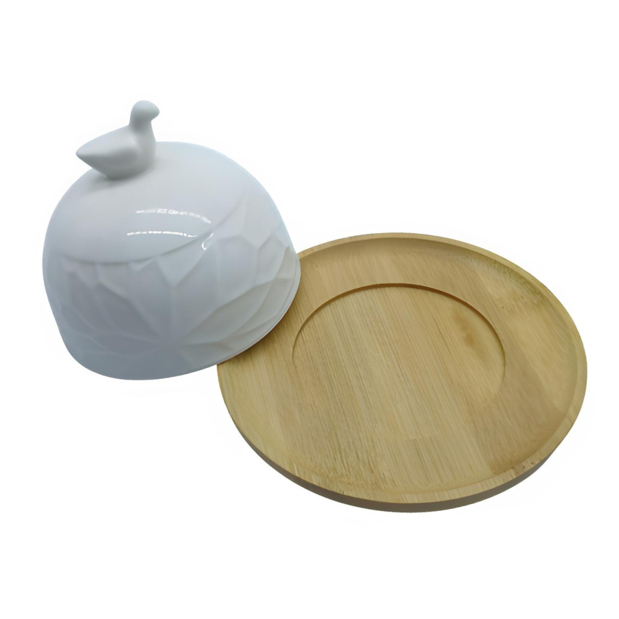 Queijeira Porta Queijo Prato Bambu Mantegueira Porcelana 10cm