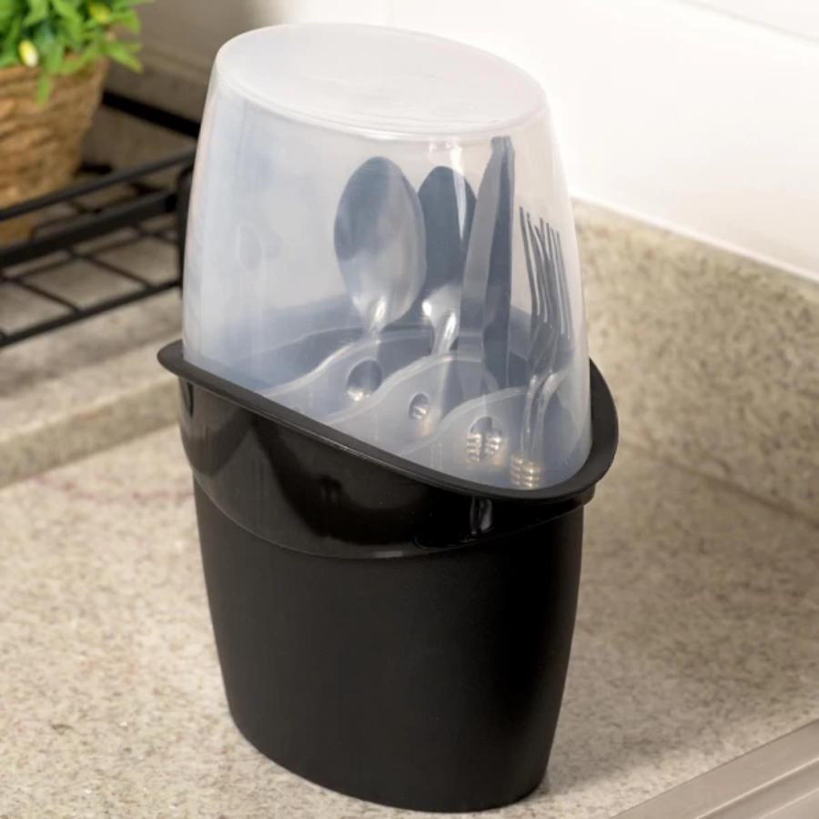 Organizador Porta Talheres Com Tampa E 4 Divisórias Interna Preto