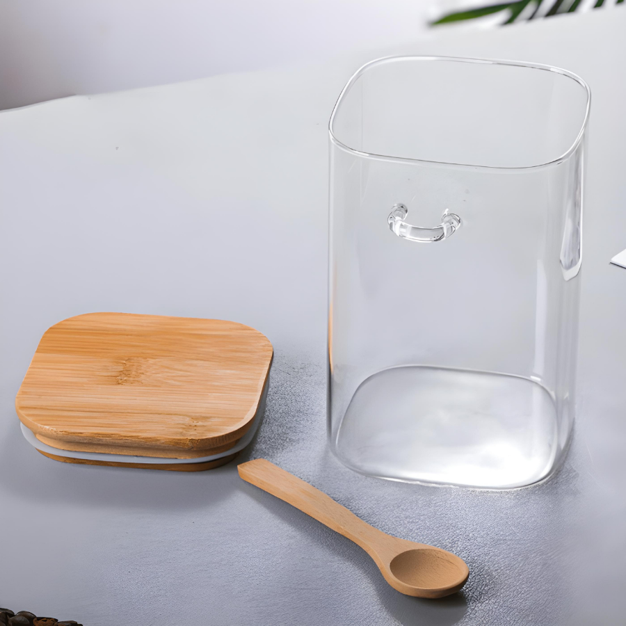 Pote Hermético Mantimento Armazenamento De Vidro Com Tampa e Colher de Bambu 750mL