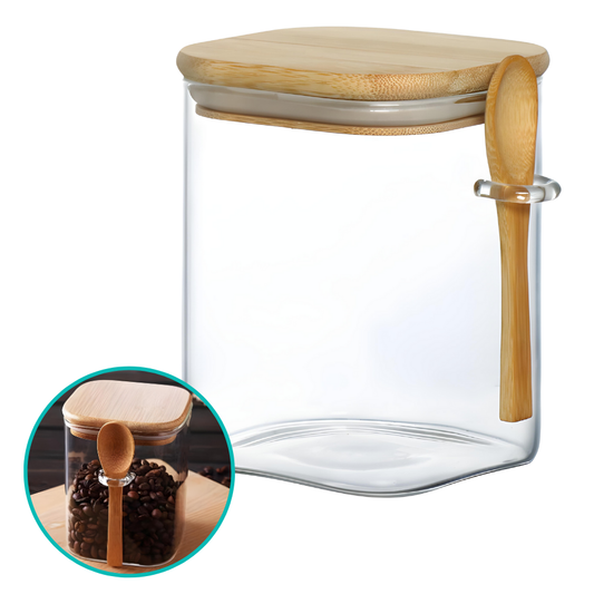 Pote Hermético Mantimento Armazenamento De Vidro Com Tampa e Colher de Bambu 500mL
