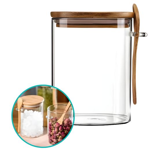 Pote Hermético Mantimento Armazenamento De Vidro Com Tampa e Colher de Bambu 450mL