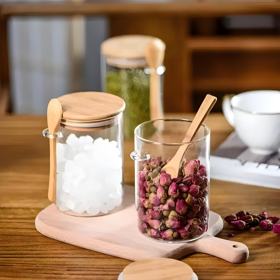 Pote Hermético Mantimento Armazenamento De Vidro Com Tampa e Colher de Bambu 450mL
