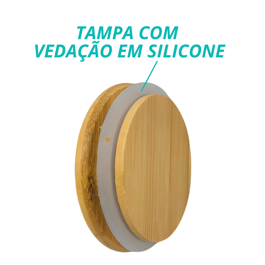 Pote Hermético Mantimento Tempero Armazenamento De Vidro Com Tampa de Bambu 400ml
