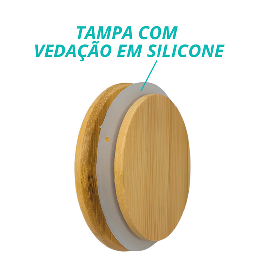 Pote Hermético Mantimento Tempero Armazenamento De Vidro Com Tampa de Bambu 400ml
