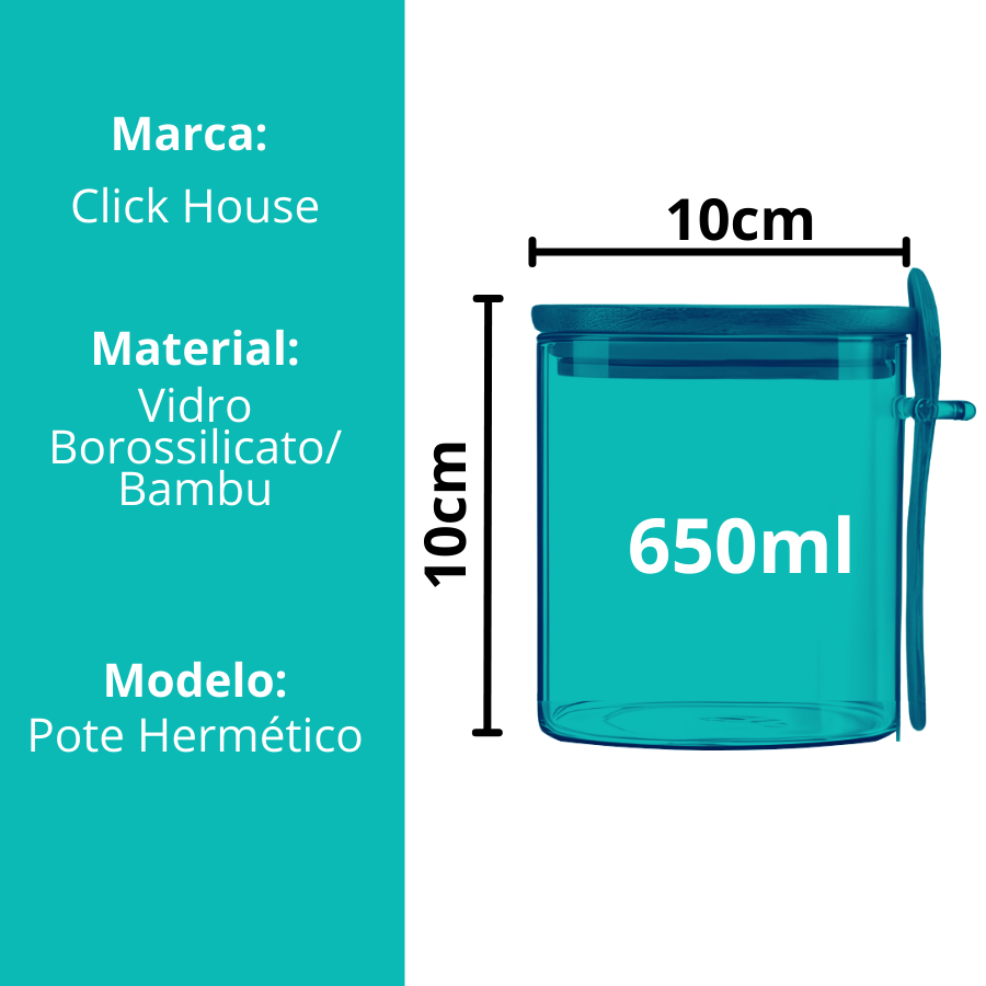Pote Hermético Mantimento Armazenamento de Vidro Tampa E Colher Bambu 650ml