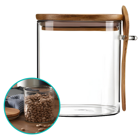 Pote Hermético Mantimento Armazenamento de Vidro Tampa E Colher Bambu 650ml