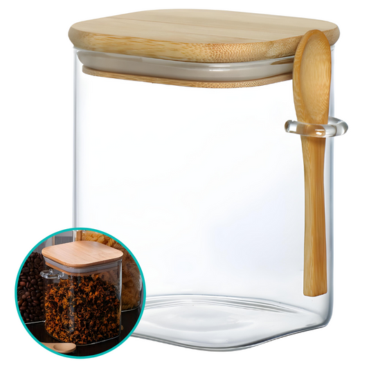 Pote Hermético Mantimento Armazenamento de Vidro Tampa E Colher Bambu 900ml