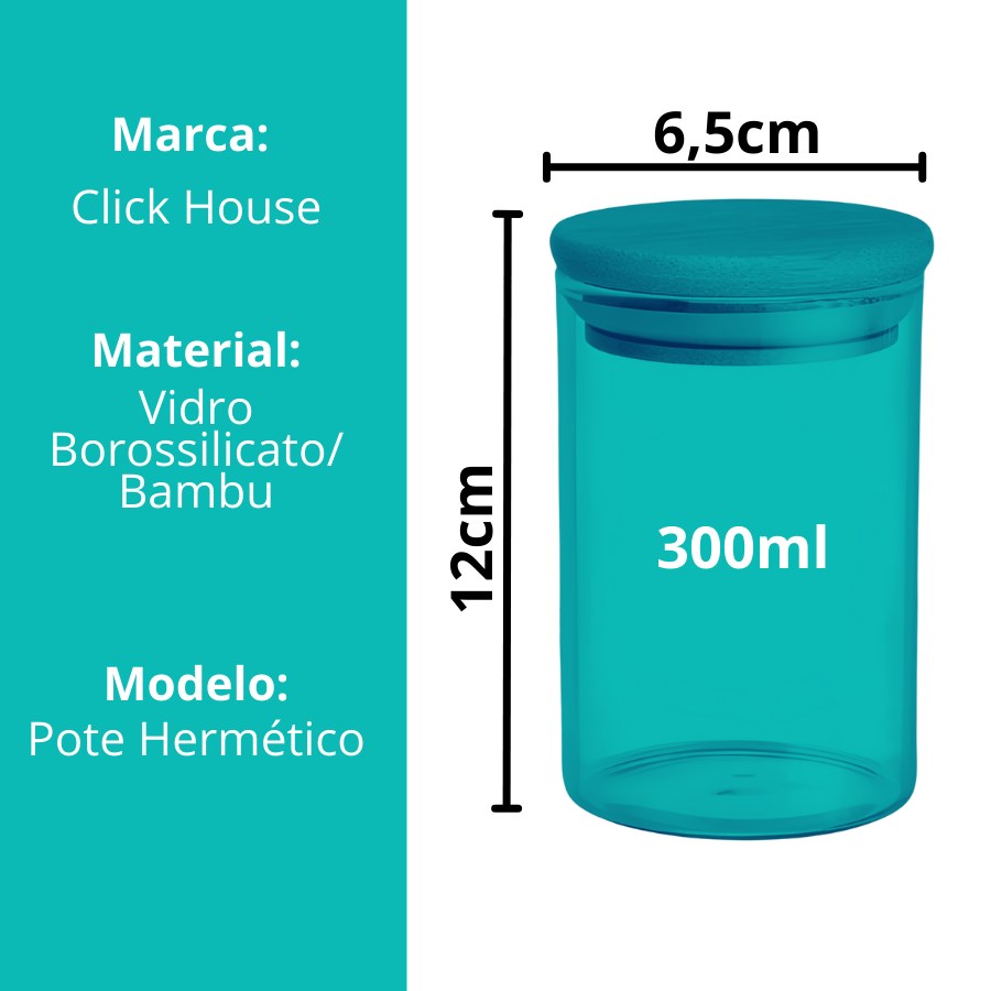 Pote Hermético Mantimento Tempero Armazenamento De Vidro Com Tampa de Bambu 300ml