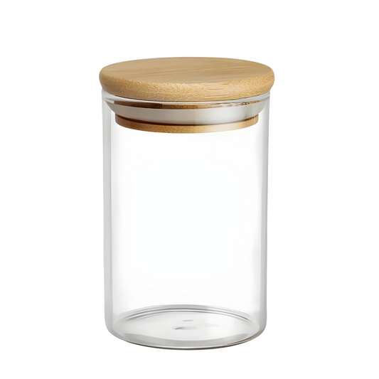Pote Hermético Mantimento Tempero Armazenamento De Vidro Com Tampa de Bambu 300ml
