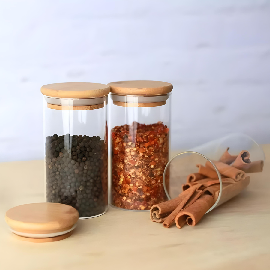 Pote Hermético Mantimento Tempero Armazenamento De Vidro Com Tampa de Bambu 300ml