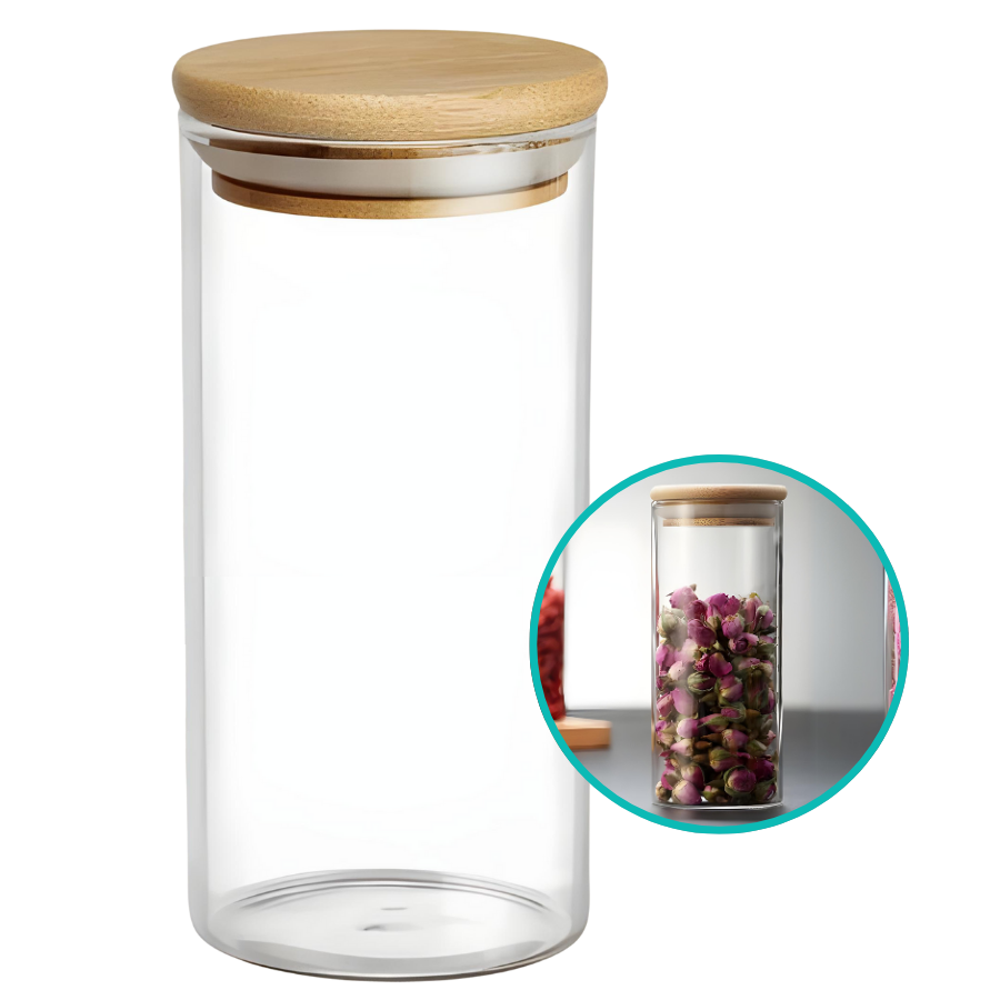 Pote Hermético Mantimento Tempero Armazenamento De Vidro Com Tampa de Bambu 400ml