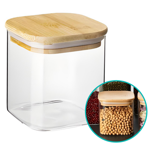 Pote Hermético Mantimento Armazenamento De Vidro Com Tampa de Bambu 550mL