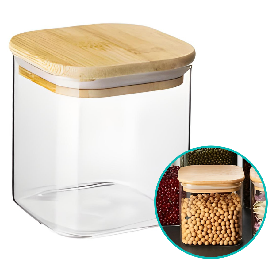 Pote Hermético Mantimento Armazenamento De Vidro Com Tampa de Bambu 550mL