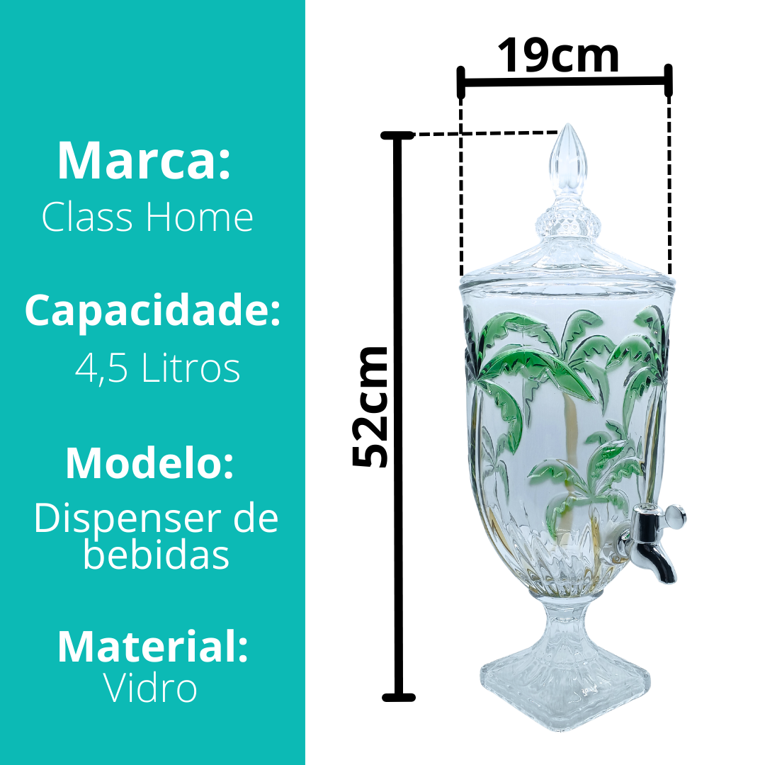 Suqueira Imperial De Vidro Luxo Dispenser de Bebidas Torneira Palm Tree 4,5 Litros