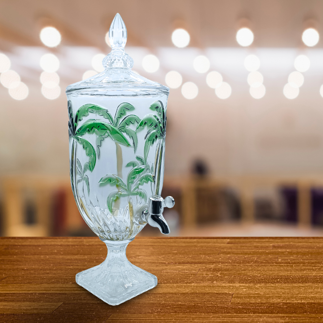Suqueira Imperial De Vidro Luxo Dispenser de Bebidas Torneira Palm Tree 4,5 Litros