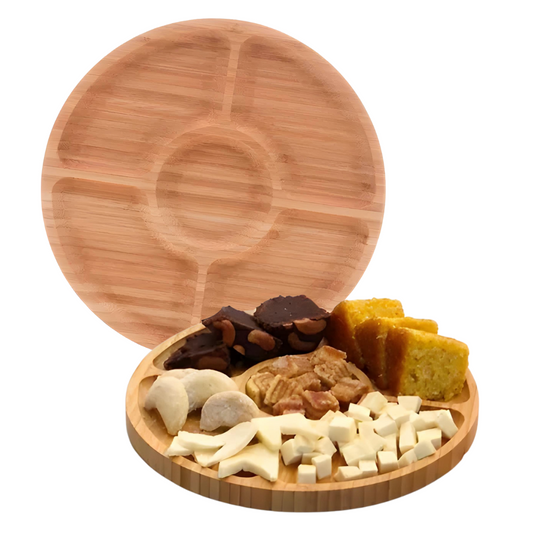 Petisqueira Travessa Porta Doce Bandeja Redonda Com 5 Divisórias De Bambu 25cm