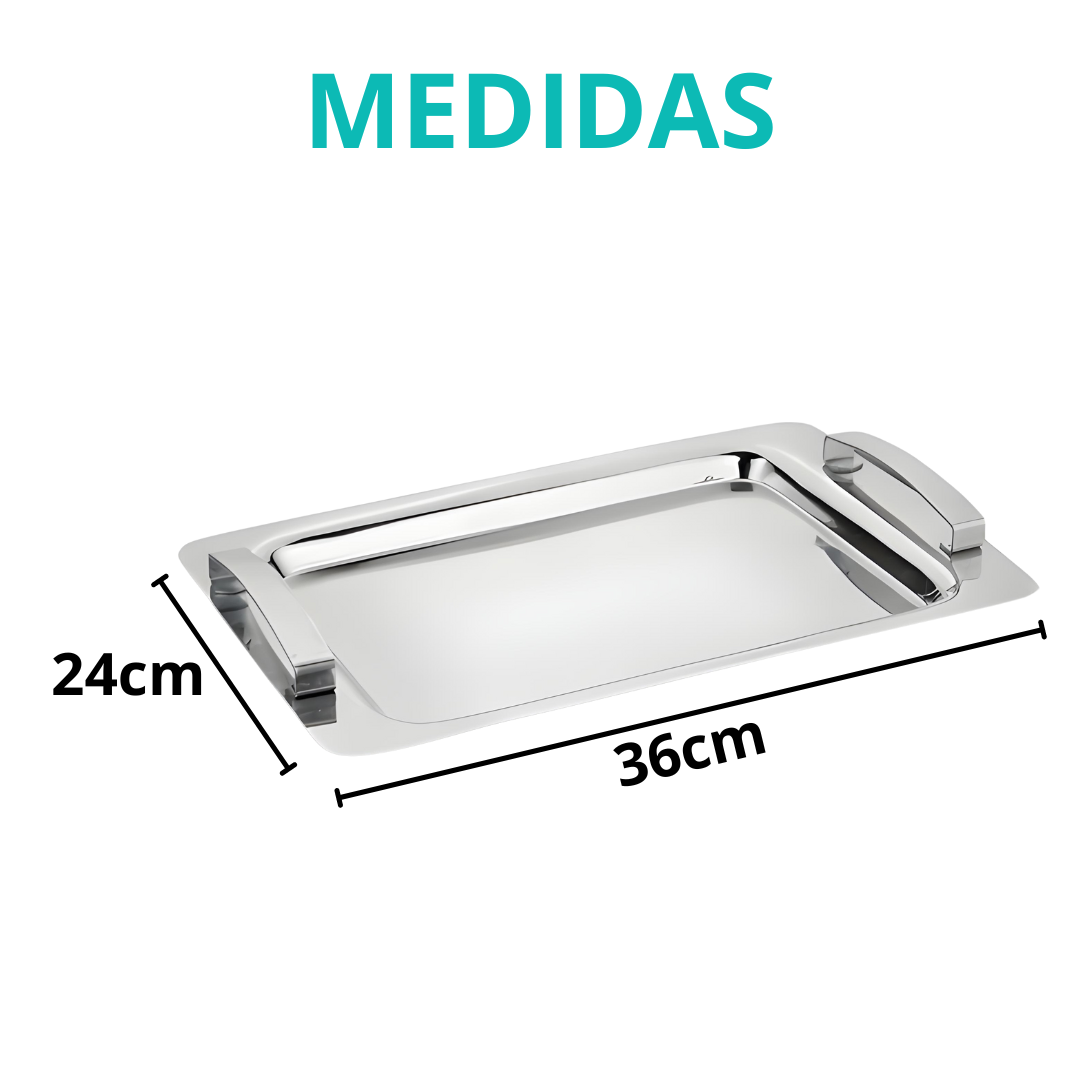 Bandeja Travessa Retangular Inox Com Alça Servir Café Chá Lanche Decorativa 36cm