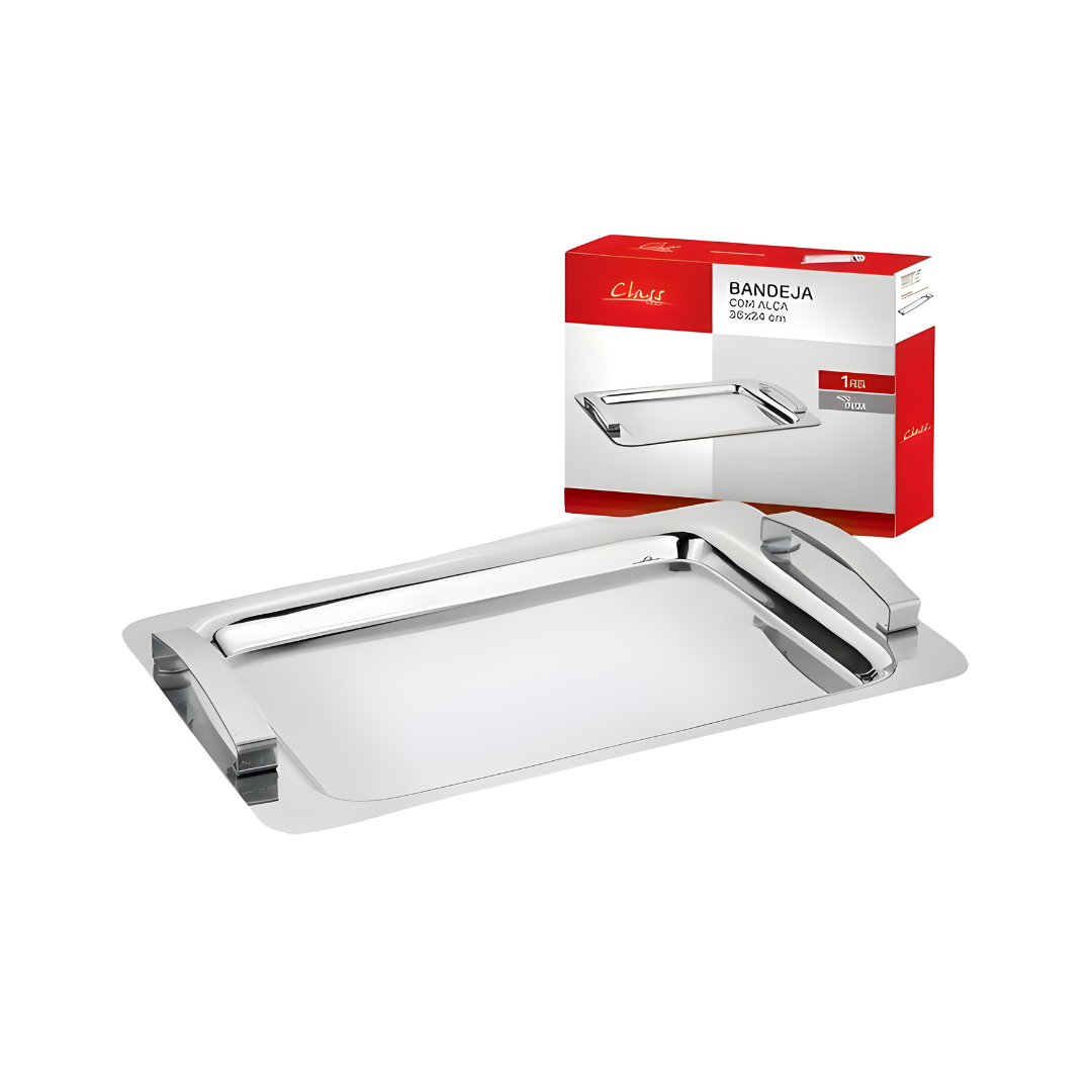 Bandeja Travessa Retangular Inox Com Alça Servir Café Chá Lanche Decorativa 36cm