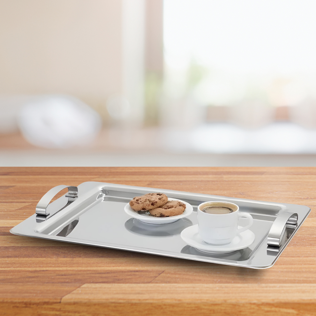 Bandeja Travessa Retangular Inox Com Alça Servir Café Chá Lanche Decorativa 36cm