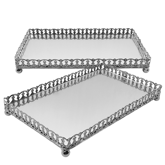 Bandeja Travessa De Metal Prateado Espelhado Decorativo Com Pé 24cm