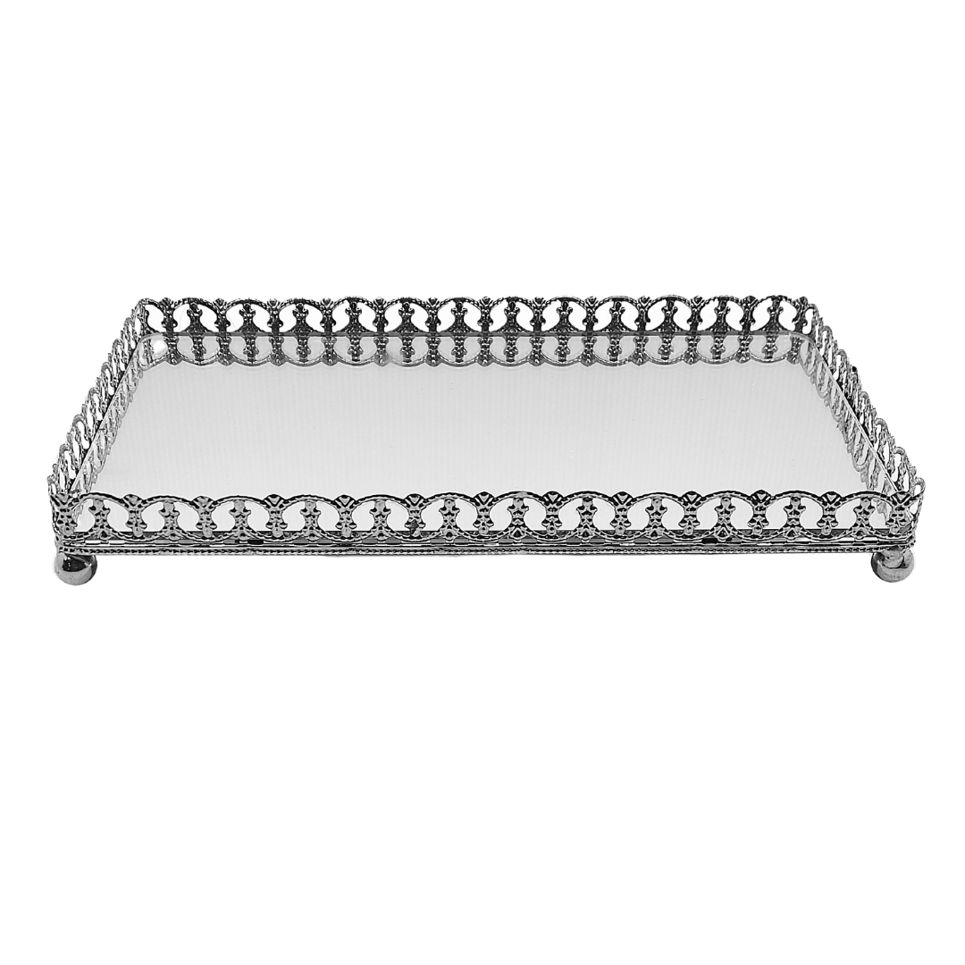Bandeja Travessa De Metal Prateado Espelhado Decorativo Com Pé 20cm