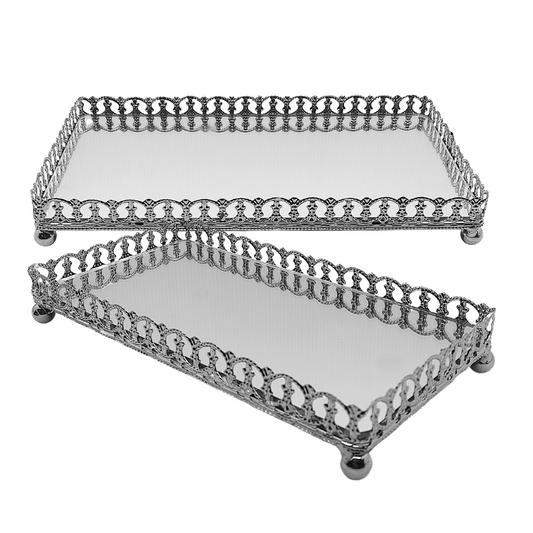 Bandeja Travessa De Metal Prateado Espelhado Decorativo Com Pé 20cm