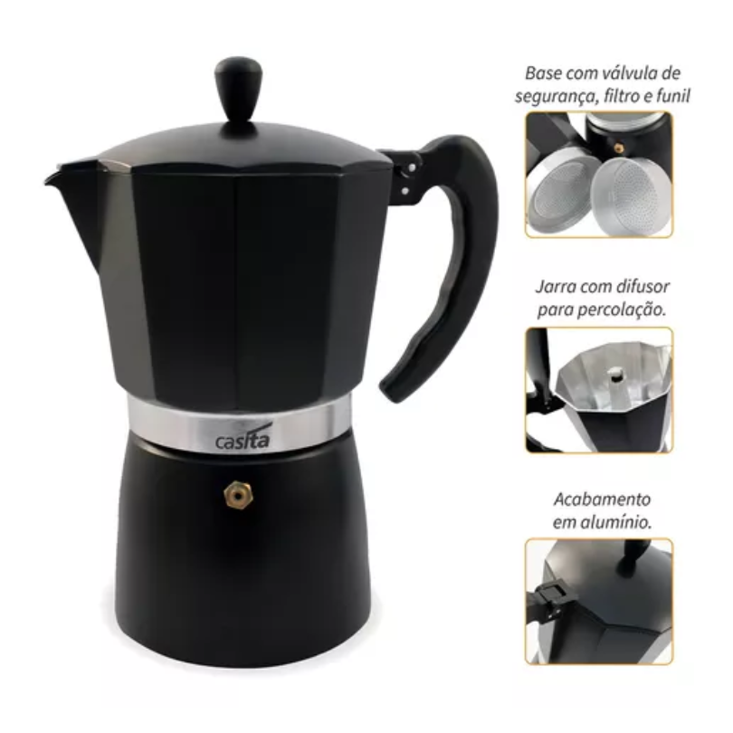 Cafeteira Italiana Alumínio Preto 9 Xicaras de Expresso 300ml