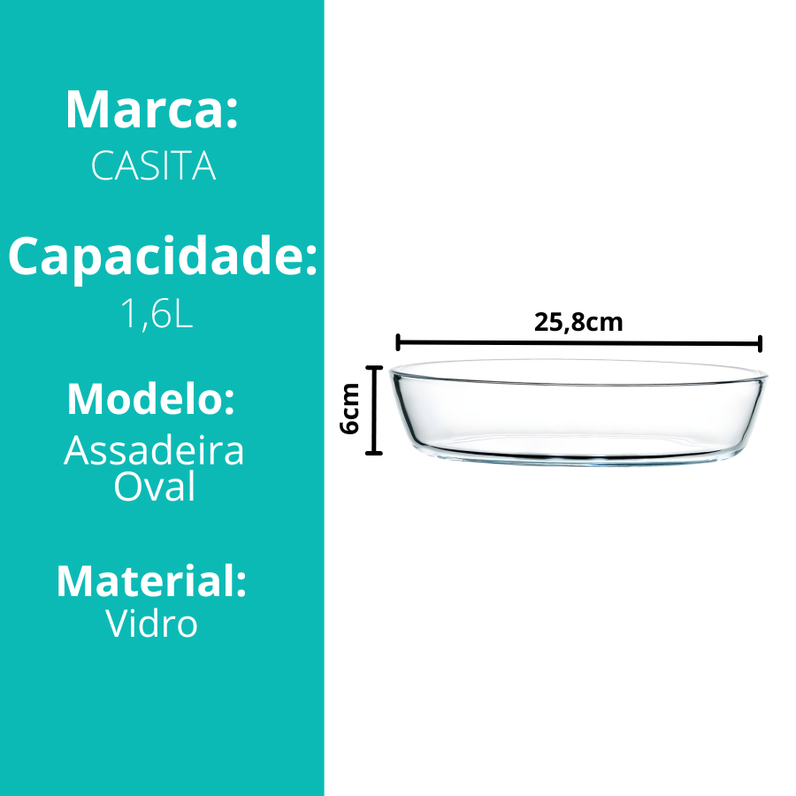 Travessa Assadeira de Vidro Borossilicato Oval Grande Forno Servir 1,6L