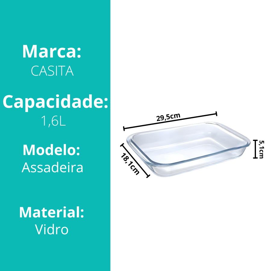 Travessa Assadeira de Vidro Borossilicato Retangular Grande Forno Servir 1,6L