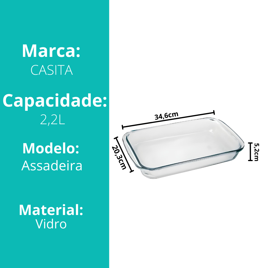 Travessa Assadeira de Vidro Borossilicato Retangular Grande Forno Servir 2,2L
