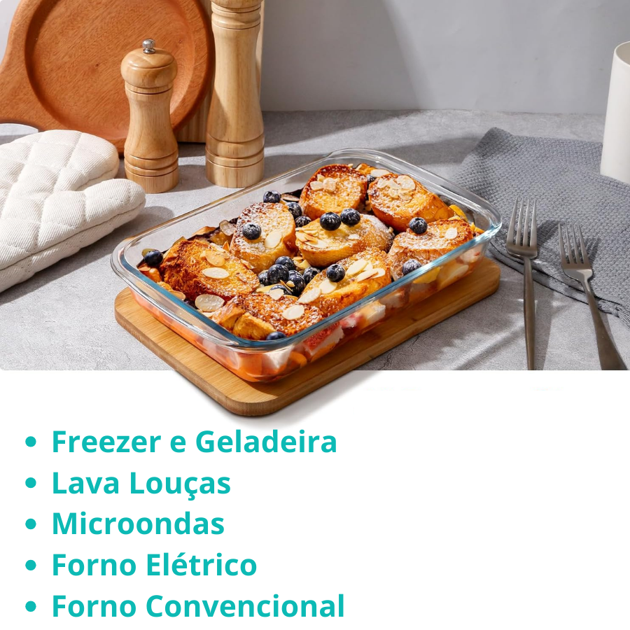 Travessa Assadeira de Vidro Borossilicato Retangular Grande Forno Servir 2,2L