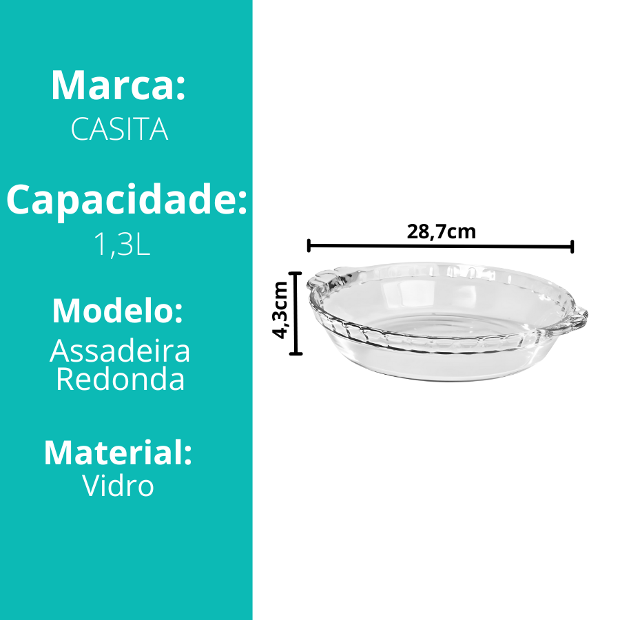 Travessa Assadeira de Vidro Borossilicato Redonda Com Alça Grande Forno Servir 1,3l