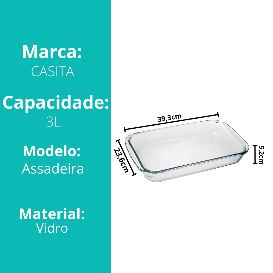 Travessa Assadeira de Vidro Borossilicato Retangular Grande Forno Servir 3L