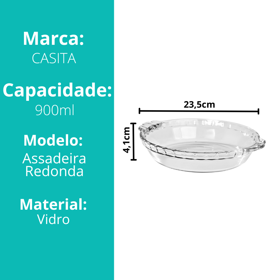 Travessa Assadeira de Vidro Borossilicato Redonda Com Alça Grande Forno Servir 900ml