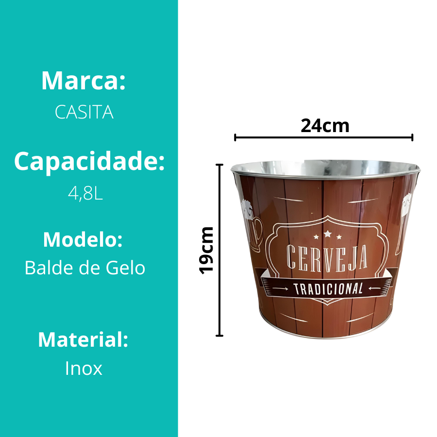Balde Baldinho De Gelo Aço Inox Para Bebidas Cerveja Champanhe Vinho Marrom 4,8L