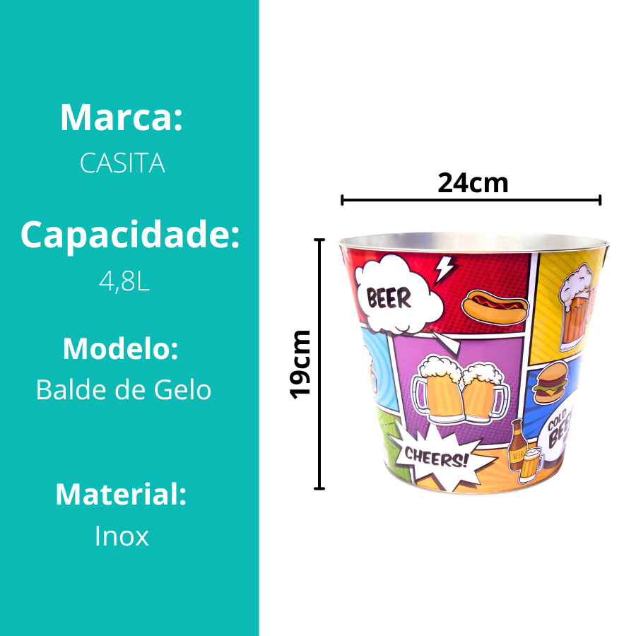 Balde Baldinho De Gelo Aço Inox Para Bebidas Cerveja Champanhe Vinho Quadrinhos 4,8L