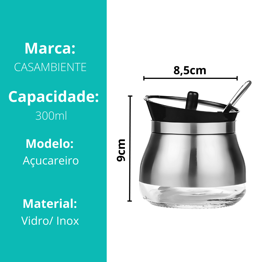 Açucareiro Em Vidro Inox 300ml - POVI219