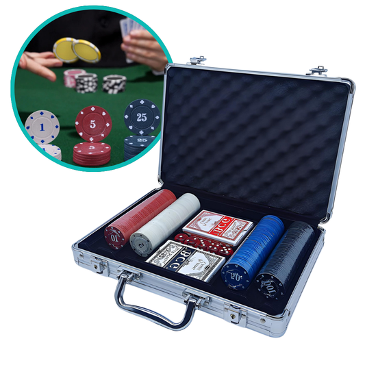 Maleta De Poker 20 Fichas Numeradas 2 Cartas De Baralho E 5 Dados 30cm Resistente