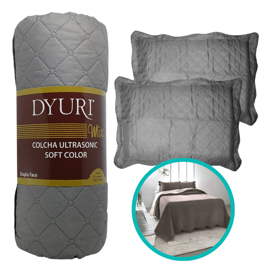 Colcha Queen Cobre Leito Matelado 240x160cm Cinza Escuro 3 Peças