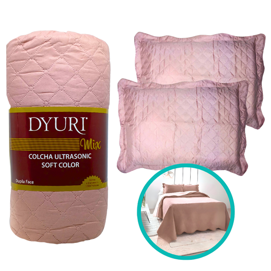 Colcha King Cobre Leito Matelado 280x260cm Rosa 3 Peças