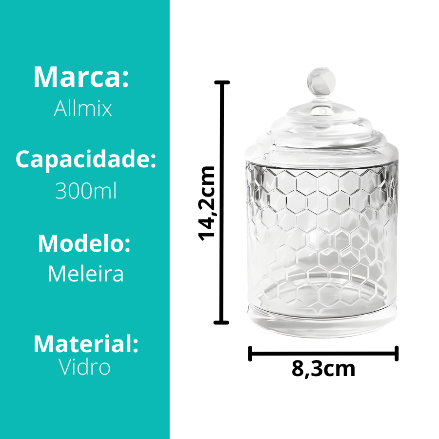 Meleira de Vidro com Pegador e Tampa Dosador Acrílico Colmeia 300ml