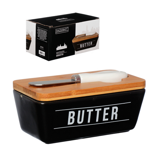 Manteigueira Porcelana Espátula Tampa Manteiga Cozinha Decoração Alimento Preto 400ml